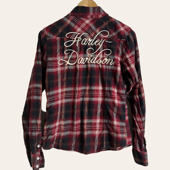 Harley-Davidson Motorcycles Red Plaid Flannel Long Sleeve Button Up Shirt Size S - Picture 7 of 11